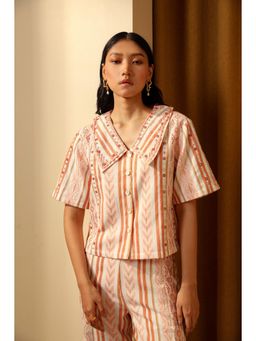 Muvazo - Orange Cotton Geometric Regular Top