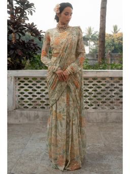 Paulmi & Harsh - Alaia Ivory Pre Draped Saree with Stitched Blouse