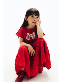 H&M - Girls Red Printed Flutter-Sleeved Top