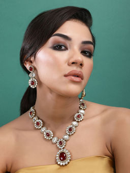 Auraa Trends - 22KT Gold Plated Kundan Classic Red Necklace Set