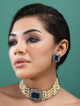 Auraa Trends - 22KT Gold Plated Kundan Elegant Blue Choker Necklace Set