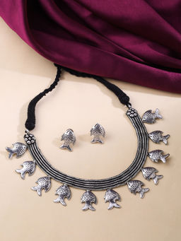 VIRAASI - Silver Oxidised Fish Design Choker Necklace with Earrings