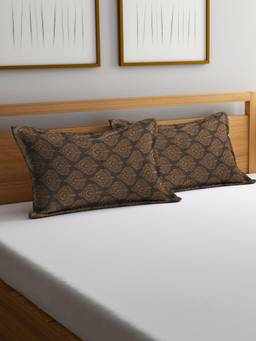 ARRABI - Brown Floral Cotton Pillow Covers (Pack of 2)