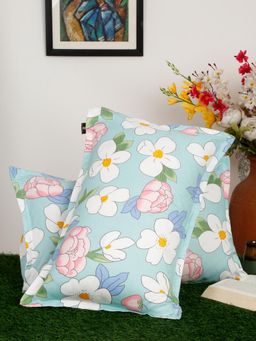 ARRABI - Blue Floral Polycotton Pillow Covers (Pack of 2)