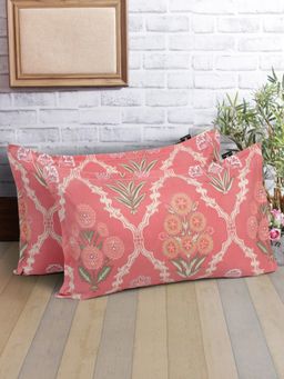 ARRABI - Peach Floral Polycotton Pillow Covers (Pack of 2)