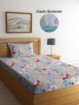 ARRABI - Beige Floral Polycotton Single Bedsheet with Pillow Cover