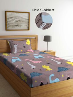 ARRABI - Brown Graphic Polycotton Single Bedsheet with Pillow Cover