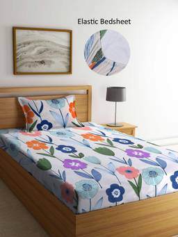 ARRABI - White Floral Polycotton Single Bedsheet with Pillow Cover