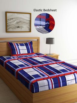 ARRABI - Blue Geometric Polycotton Single Bedsheet with Pillow Cover