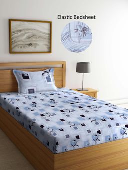 ARRABI - Blue Floral Polycotton Single Bedsheet with Pillow Cover