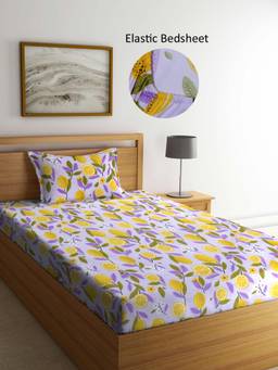 ARRABI - Purple Floral Polycotton Single Bedsheet with Pillow Cover