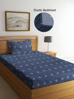 ARRABI - Navy Blue Floral Polycotton Single Bedsheet with Pillow Cover