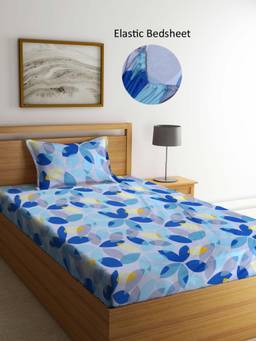 ARRABI - Grey Floral Polycotton Single Bedsheet with Pillow Cover