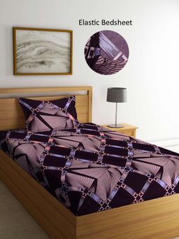 ARRABI - Brown Geometric Polycotton Single Bedsheet with Pillow Cover