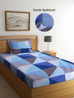 ARRABI - Blue Geometric Polycotton Single Bedsheet with Pillow Cover