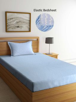 ARRABI - Blue Geometric Polycotton Single Bedsheet with Pillow Cover