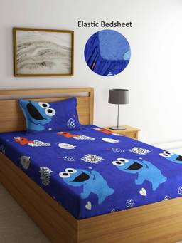 ARRABI - Blue Graphic Polycotton Single Bedsheet with Pillow Cover