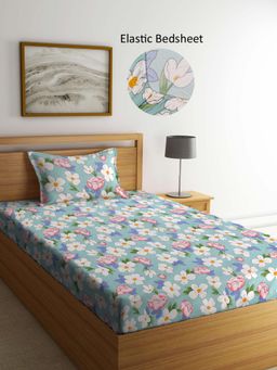 ARRABI - Blue Floral Polycotton Single Bedsheet with Pillow Cover
