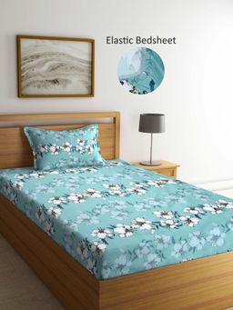ARRABI - Green Floral Polycotton Single Bedsheet with Pillow Cover