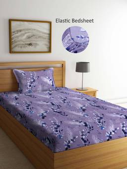 ARRABI - Purple Floral Polycotton Single Bedsheet with Pillow Cover