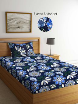 ARRABI - Navy Blue Floral Polycotton Single Bedsheet with Pillow Cover