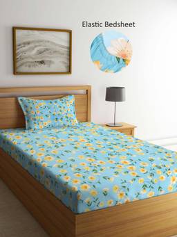 ARRABI - Teal Floral Polycotton Single Bedsheet with Pillow Cover
