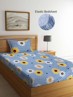 ARRABI - Grey Floral Polycotton Single Bedsheet with Pillow Cover