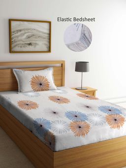 ARRABI - Beige Floral Polycotton Single Bedsheet with Pillow Cover