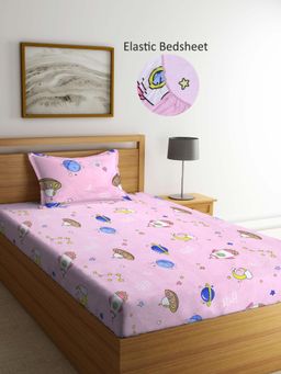 ARRABI - Pink Graphic Polycotton Single Bedsheet with Pillow Cover