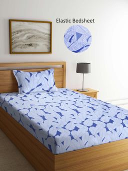 ARRABI - Blue Floral Polycotton Single Bedsheet with Pillow Cover
