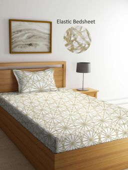 ARRABI - Beige Geometric Polycotton Single Bedsheet with Pillow Cover