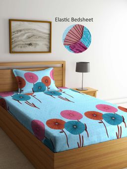 ARRABI - Blue Floral Polycotton Single Bedsheet with Pillow Cover