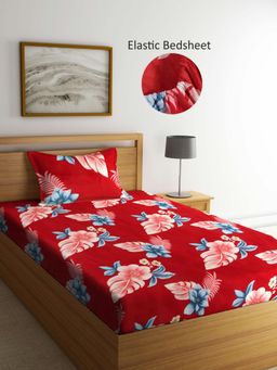 ARRABI - Red Floral Polycotton Single Bedsheet with Pillow Cover
