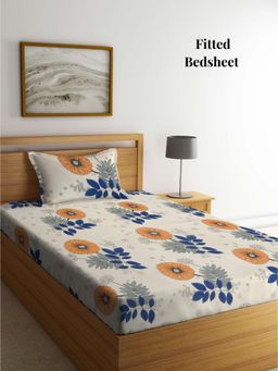 ARRABI - Cream Floral Polycotton Single Bedsheet with Pillow Cover