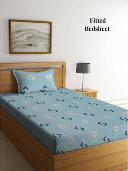 ARRABI - Blue Geometric Polycotton Single Bedsheet with Pillow Cover