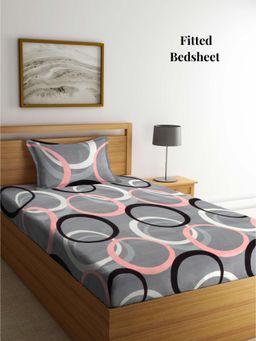ARRABI - Grey Geometric Polycotton Single Bedsheet with Pillow Cover