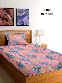 ARRABI - Pink Floral Polycotton Single Bedsheet with Pillow Cover