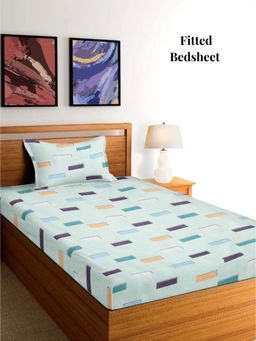 ARRABI - Green Geometric Polycotton Single Bedsheet with Pillow Cover