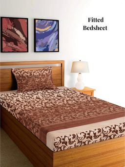 ARRABI - Brown Floral Polycotton Single Bedsheet with Pillow Cover