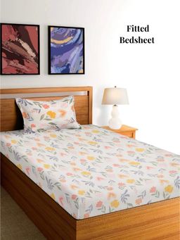 ARRABI - Cream Floral Polycotton Single Bedsheet with Pillow Cover