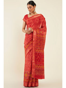 Soch - Women Rust Cotton Printed Saree with Unstitched