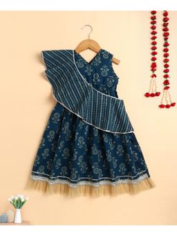 The Magic Wand - Cotton Floral Printed Dress with Detachable Dupatta-Teal
