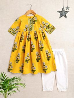 The Magic Wand - Cotton Floral Anarkali and Solid Pant - Yellow