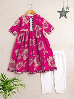 The Magic Wand - Cotton Floral Anarkali and Solid Pant - Fuchsia