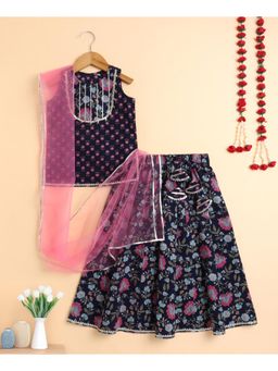 The Magic Wand - Cotton Floral Lace Kurta Lehenga with Dupatta - Navy Blue (Set of 3)