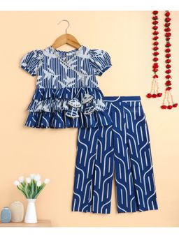 The Magic Wand - Cotton Abstract Puff Sleeves Top and Pant Co-Ord - Navy Blue