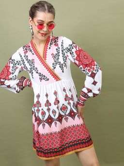 VISHUDH - Women White and Maroon Printed Fit and Flared Dress