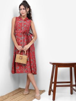 VISHUDH - Red Floral Printed A-Line Dress with Belt (Set of 2)