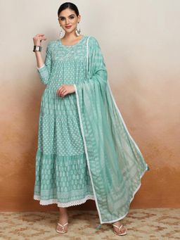 VISHUDH - Women Rama Embroidery Tie Maxi Dress with Dupatta (Set of 2)