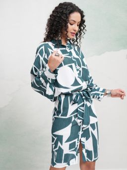 VISHUDH - Women Cobalt Abstract Print Knee Shirt Dress with Belt (Set of 2)